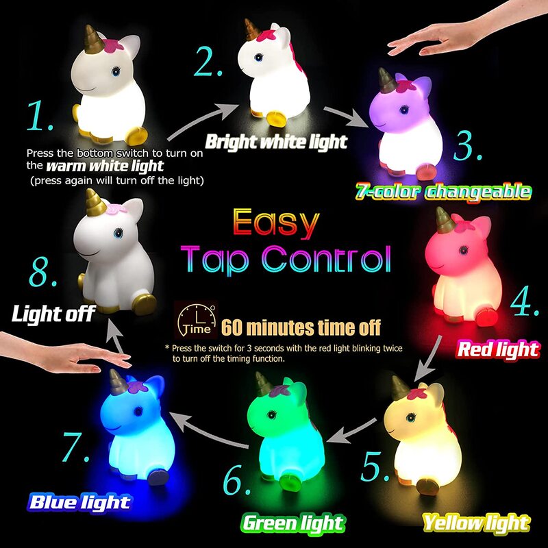 Unicorn USB Rechargeable Kids Nursery Lamp Night Light with Timer For Kids Bedroom
