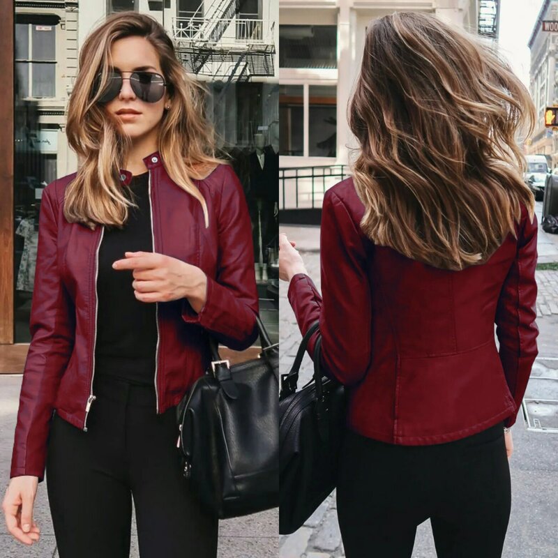 Jaqueta de couro PU feminina, blusa versátil, jaqueta fina, monocromática, tamanho grande, elegante, fina, rua, outono e inverno
