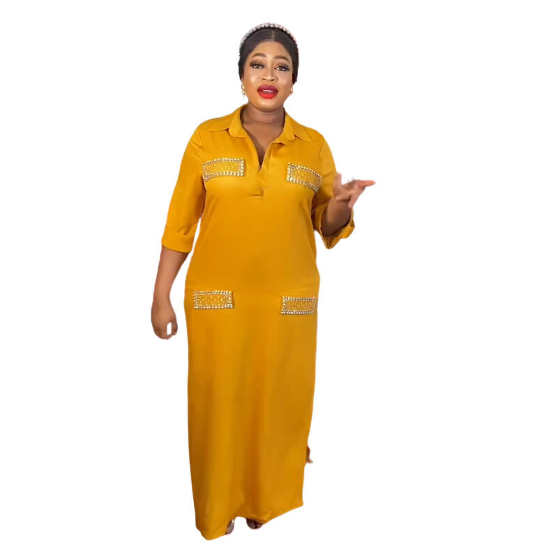 Vestidos elegantes dashiki de poliéster para mulheres, vestido maxi longo amarelo, manga 3/4, roupas de verão, 2023