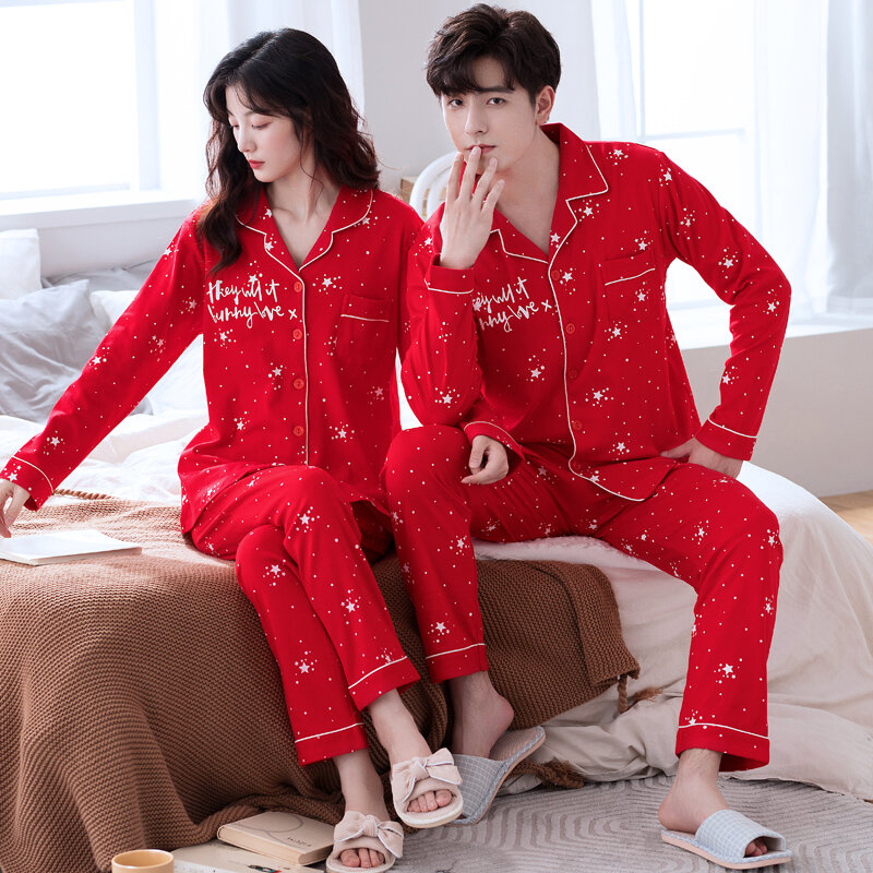 Пижамный комплект для пар, из 100% хлопка, с длинным рукавом