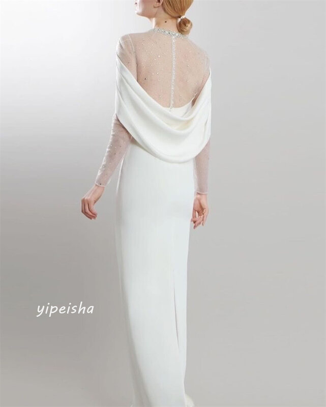 Gaun Prom malam Arab Saudi Jersey manik-manik terbungkus kotak-kotak Prom A-line kerah O acara Bespoke gaun panjang