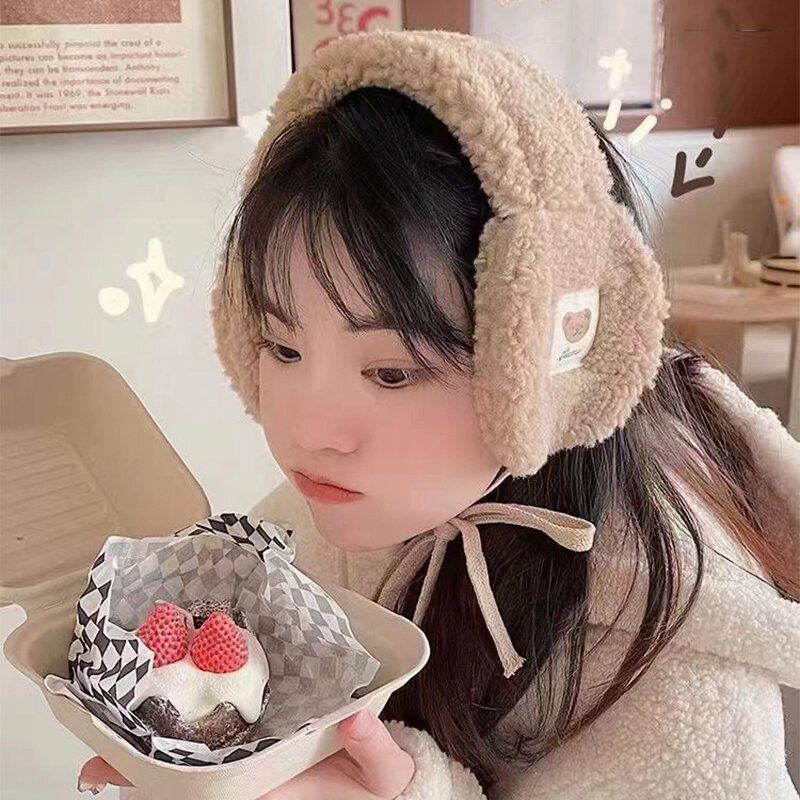 Cute Bear Korea Women Ear Muffs Winter Warm Plush Earmuffs warm Headphones New Adults Kids Tie Ear Protection Beige Ear Warmer