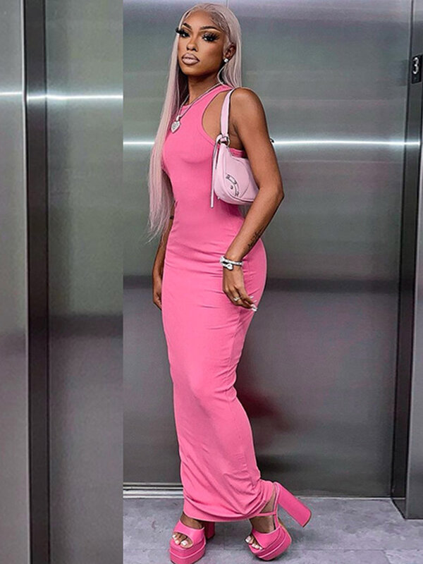 Moda damska 2024, letnia odzież uliczna bez rękawów Bodycon różowa długa sukienka ołówkowa artykuły hurtowe dla biznesu