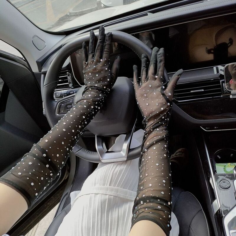 Letnie antykryształowe przezroczyste cyrkonie damskie rękawiczki do jazdy długie rękawiczki ślub panny młodej rękawice chroniące przed słońcem