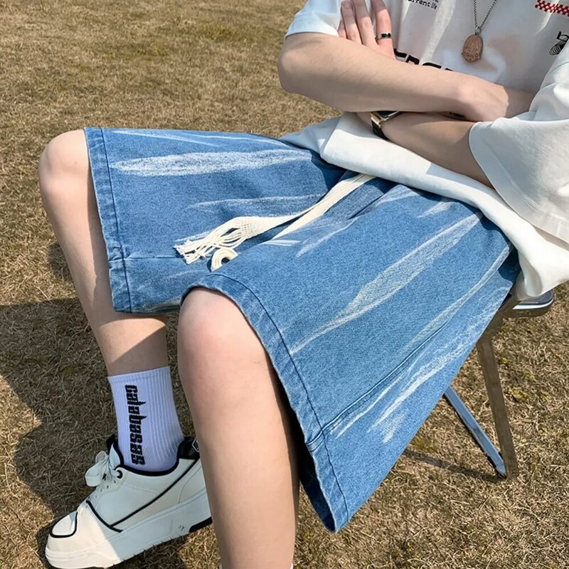 2024 Men Summer Korean Style Fashion Gradient denim shorts Baggy Straight Denim Vintage Short Casual Loose Short Jeans Male