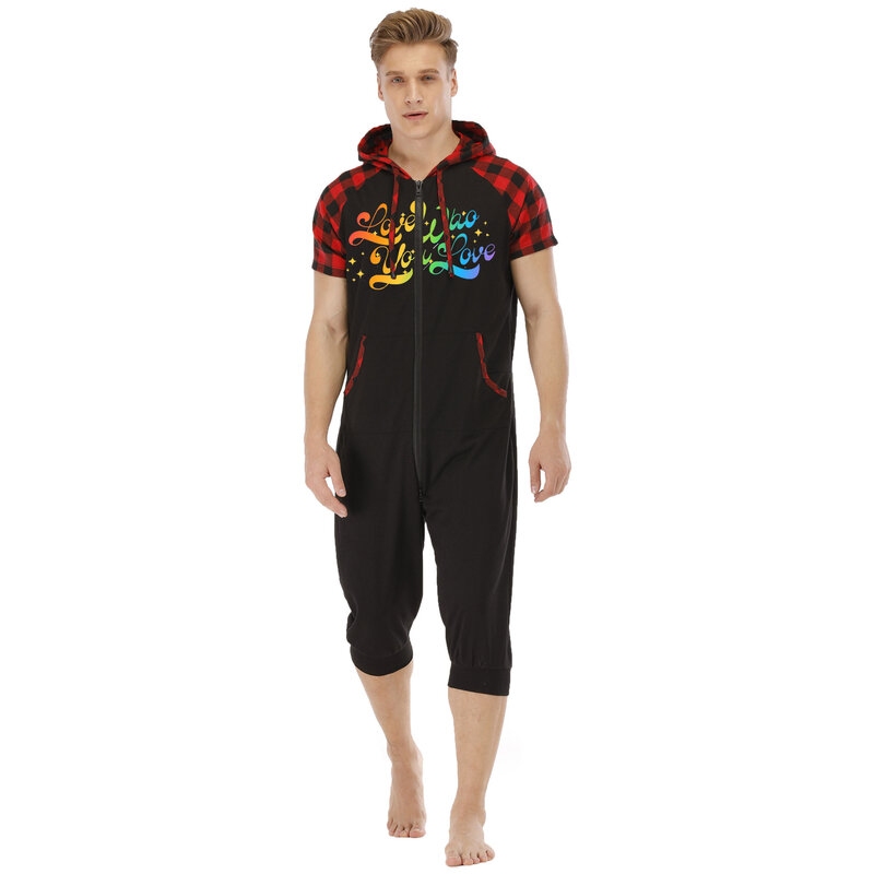 男性用の黒の半袖パジャマ,夏のナイトウェア,フード付きパジャマ
