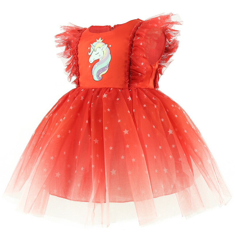 Unicórnio de natal vermelho malha voar manga princesa vestidos para meninas tule traje criança crianças halloween noite estrela roupas 1-5 y