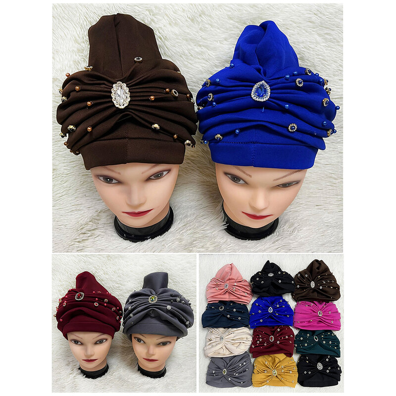 Wholesale Order Fashion Twisted Turban Hats Women Cap Beaded For India Hat Scarfs Head Wrap Headband Girl Hair Accessories Lady