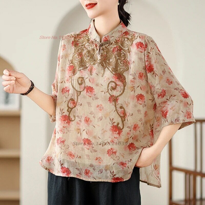 Blusa China vintage con estampado nacional de flores bordadas, tops retro hanfu, ropa de calle femenina, blusa étnica, 2024