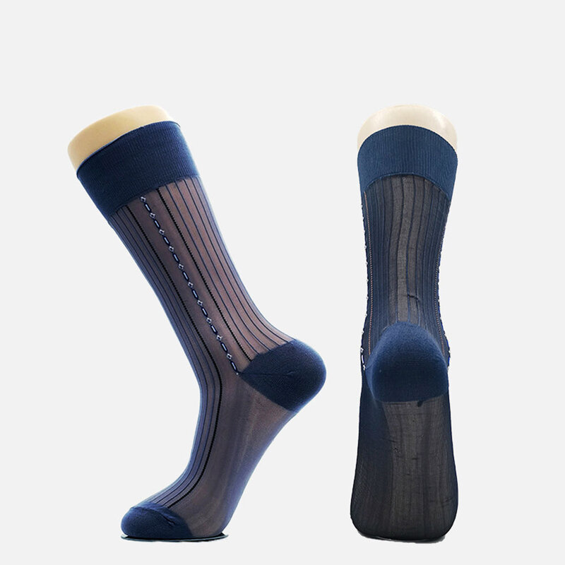 Men Middle Tube Thin Silk Socks Elegant Business Dress Crew Socks Nylon Breathable Hosiery Striped Jacquard Loose Casual Socks