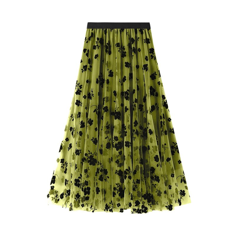 Mesh Floral Skirt Women 2023 Spring And Autumn Long Gauze Skirt High Waisted Grace Fashion Flower Printing Puff Pleated Skirts