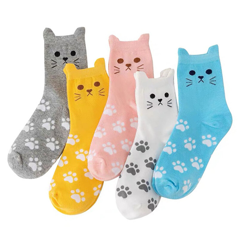 5Pairs New Casual Harajuku Socks Women Cat Prints Cartoon Animals Cat Pattern Striped Cotton Sock Femme Floor Meias Socks Kawaii