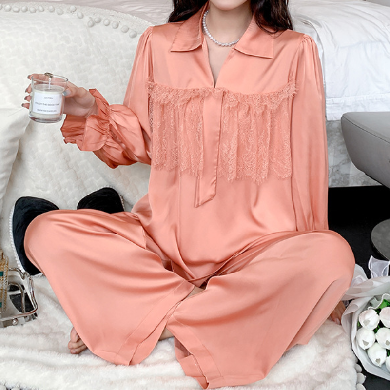 Пижама женская атласная с кружевной отделкой, одежда для сна с лацканами, ночная рубашка с длинным рукавом и эластичным поясом, домашняя одежда на весну