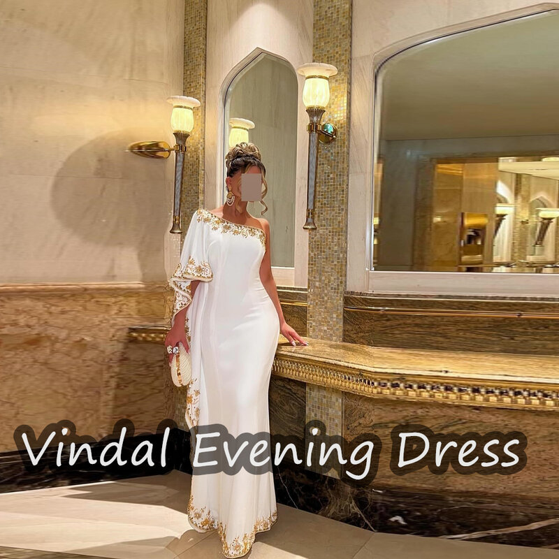Vindal-女性の台形の床の長さのイブニングドレス、エレガントなサテン、フリルのショートスリーブ、ワンショルダーのネックラインプロムスカート、2024