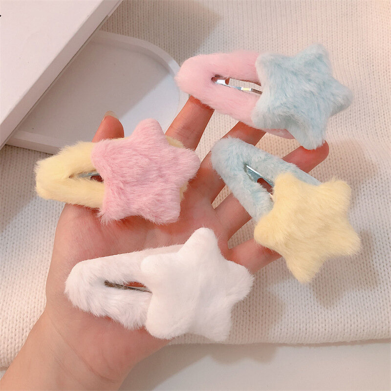 1Pcs Winter Plush Star Shaped Hair Clips Barrettes Candy Color Side Bangs Snap BB Hairpin Simple Children Headwear