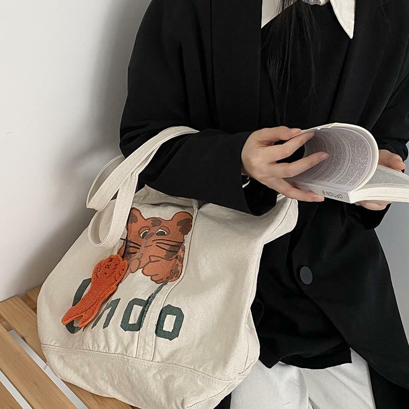Women Cartoon Animal Print All-Match Canvas Bag Large Capacity Tote Ins Little Tiger Shoulder Bag Ladies Handbag Shopping Bag