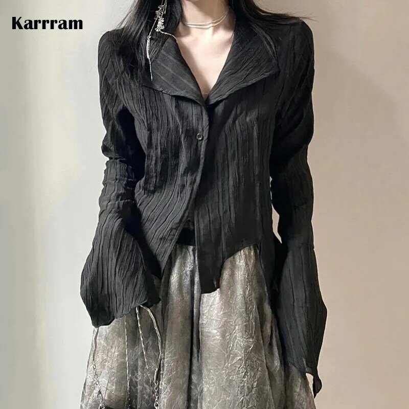 Karrram gotycka czarna koszula Yamamoto styl ciemna estetyczna bluzka kobiety nieregularne markowe ubrania Emo Alt ubrania Grunge topy Y2k