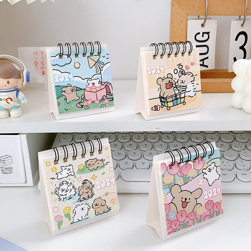 Kalender Mini 2024 anak anjing lucu seri kartun kalender meja kecil portabel kalender Desktop Kawaii perlengkapan siswa kantor