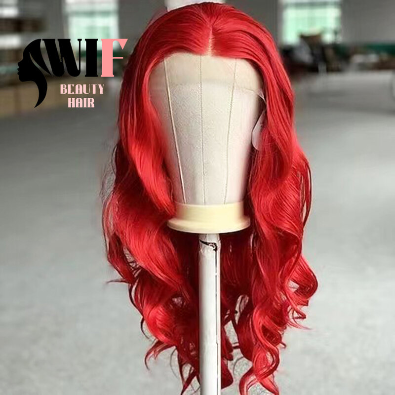 Wig renda sintetis bergelombang tubuh merah panas Wig Cosplay bergelombang panjang gunakan rambut merah cerah Wig depan renda serat panas penggunaan rias rambut