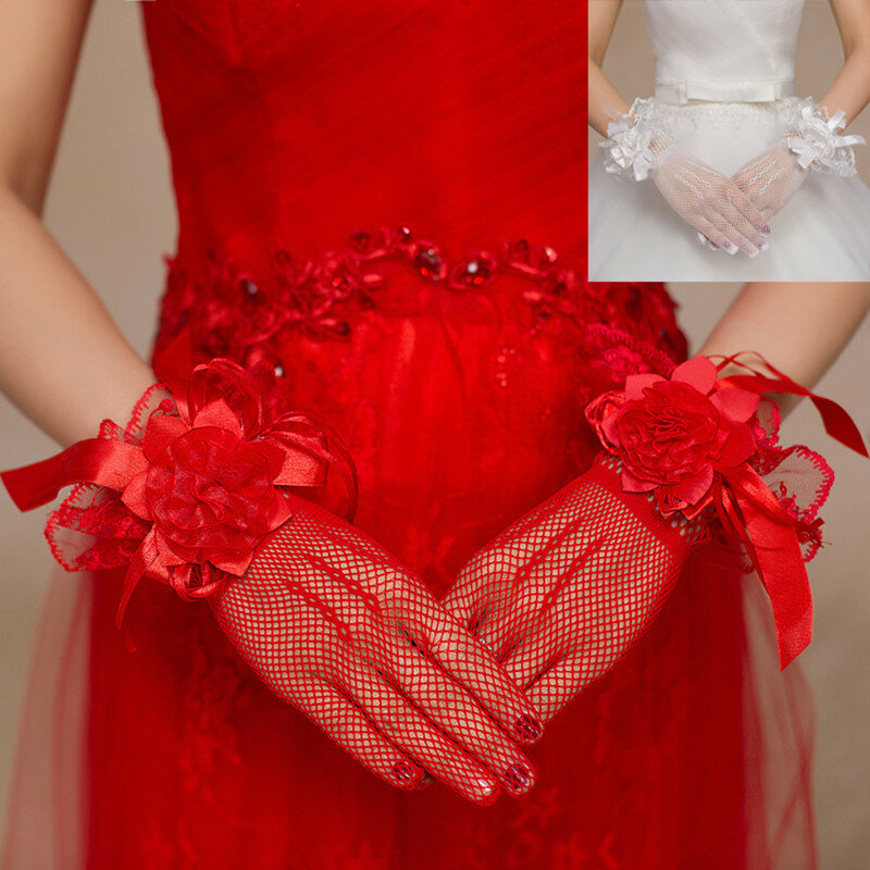 Sarung tangan upacara pendek bunga jaring merah putih pengantin