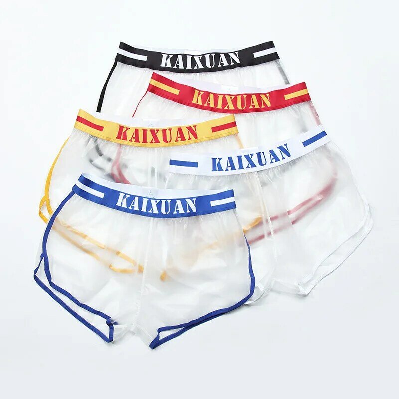 Męskie seksowne wykończenie krótkie PVC przezroczyste spodnie pływackie plażowe domowe bokserki dla gejów luźne majtki Sissy Fashion Tangas