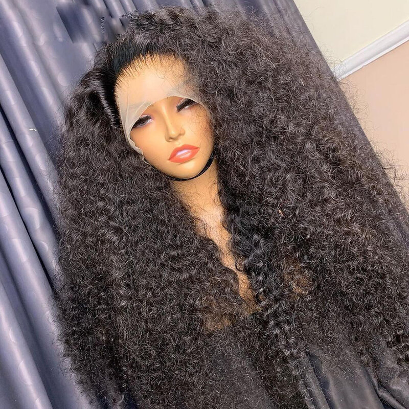 Long Glueless Kinky Curly Lace Front Wig para mulheres, preto natural, cabelo macio do bebê, pré-arrancado, resistente ao calor, 180 Densidade, 26"