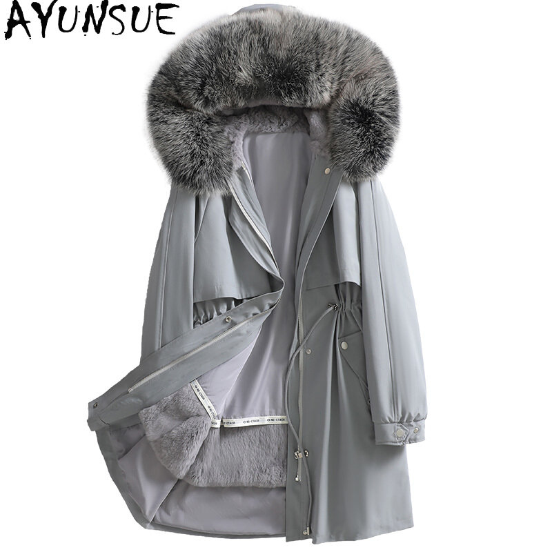 AYUNSUE-진품 모피 코트 여우털 칼라 모피 재킷 여성용, 중간 길이 파카, 토끼털 안감 후드 모피 재킷, Zm 겨울