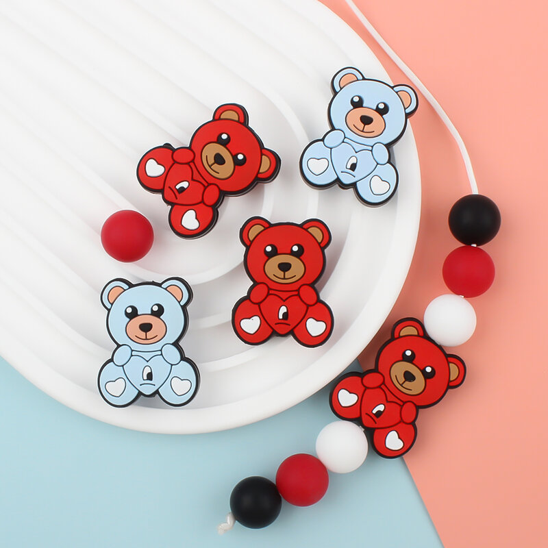 Manik-manik silikon 5/10 buah pemegang beruang cinta kartun lucu aksesoris rantai dot DIY mainan tumbuh gigi dapat dikunyah gratis BPA