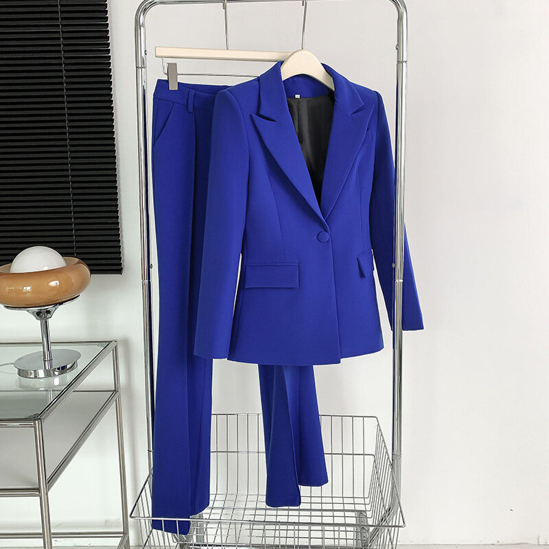 Royal Blue setelan jas Formal wanita, Blazer Formal + celana kancing tunggal ramping, pakaian kerja kantor wanita