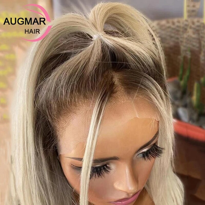 Ombre włosy ludzkie w kolorze blond 360 koronkowa peruka z przodu 13x6 prosta koronkowa peruka na przód HD peruka z krótkim bobem koronkowa peruka z ludzkich włosów dla kobiet