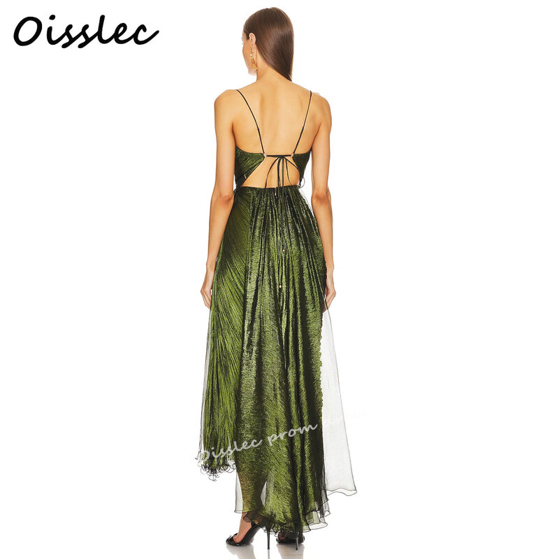 Oisstec gaun malam Formal wanita 2024 gaun Prom hijau tali Spaghetti gaun Natal gaun pesta berlipat punggung terbuka