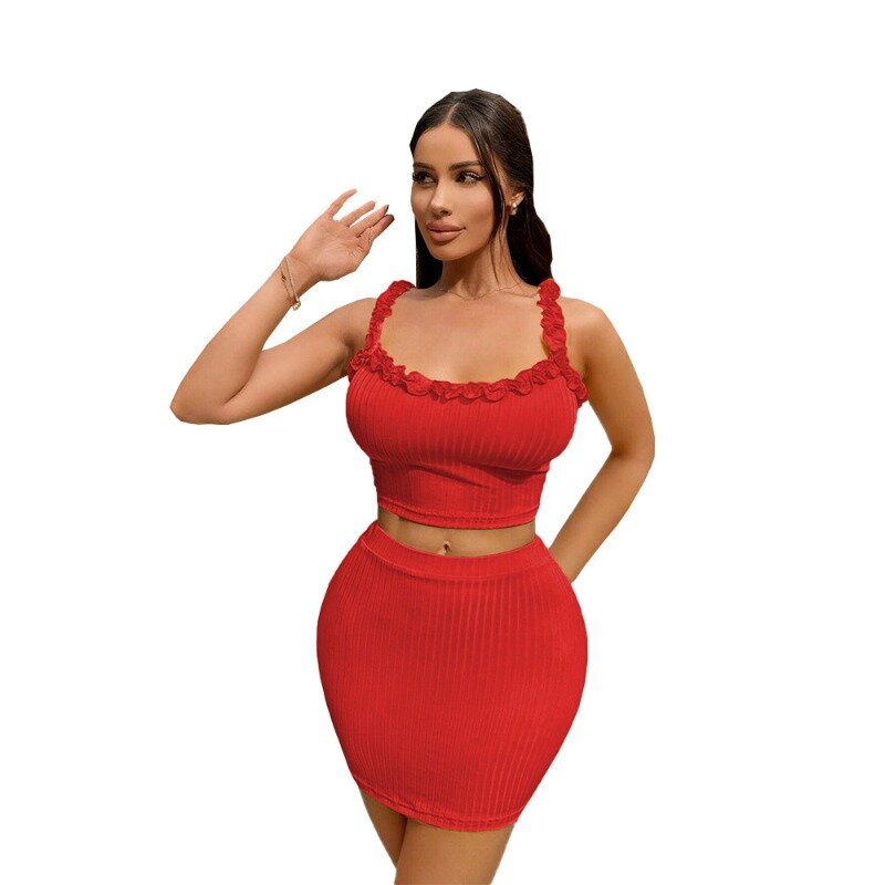 Women Fungus Side 2 Piece Skirts Set Fashion Suit Summer Sexy Red Sling Hot Girl Short Skirt Mini Hip-covering Party Clothing