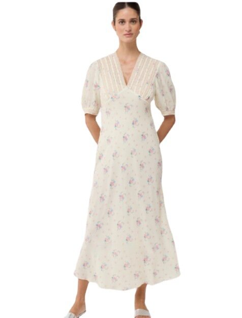 Gaun wanita 2024 jubah panjang menengah Lengan gelembung manis leher V cetak renda baru musim semi