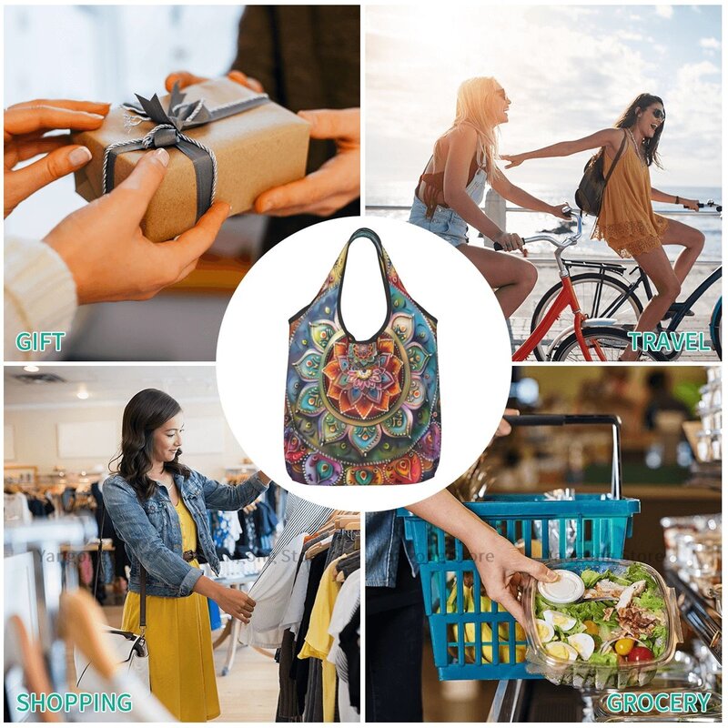 Foldable Shopping Bag Colorful Mandala Background Tote Folding Pouch Handbag Convenient Travel Grocery Bag