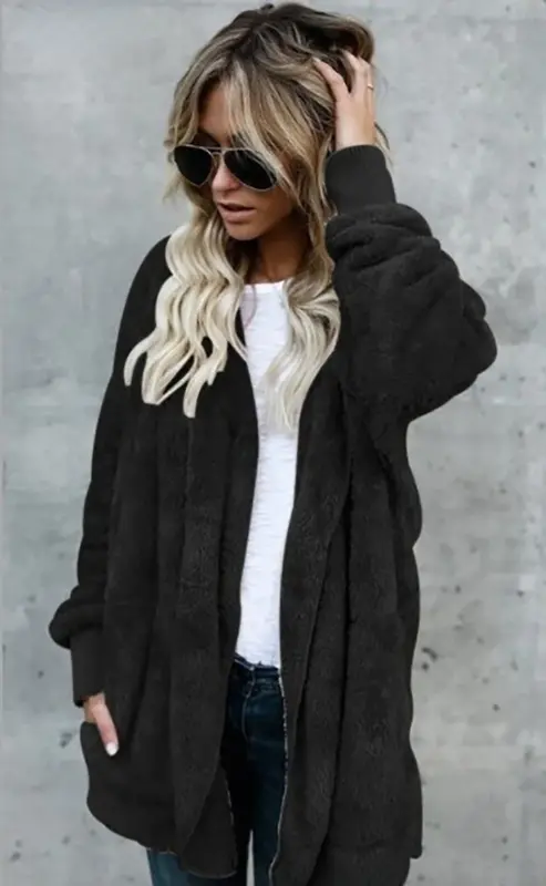 Faux Fur Coat 2022ฤดูใบไม้ร่วงฤดูหนาวนุ่มอบอุ่นนุ่มยาวขนสัตว์แจ็คเก็ต Outwear Plush กระเป๋าเสื้อคลุมไม่มีปุ่ม Cardigan กับ Hood