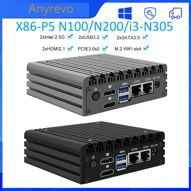 Super Mini Fanless Firewall PC, Servidor, Servidor Proxmox, Intel i3, N305, N100, DDR5, 12th Gen, X86, P5, 2x, i226-V, 2.5G LAN