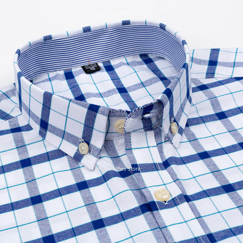 2023 100% Pure Cotton Men's Oxford Short Sleeve Square Collar Soild Plaid Striped Summer Casual Shirts Single Pocket  Shirt