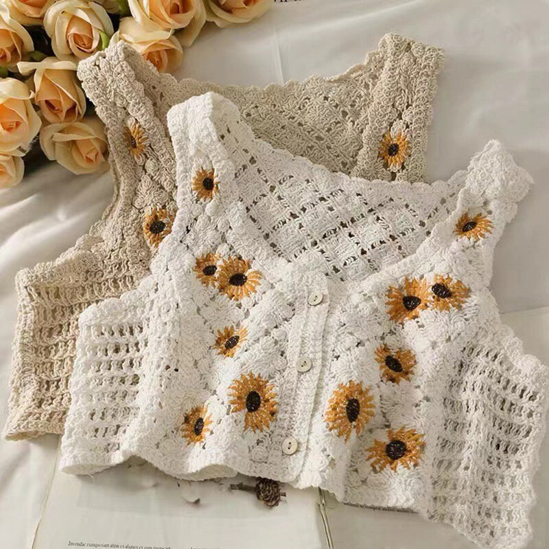 French Retro Hollow Daisy Knitted Forest-style Vest for Women Short V-neck Vest for Outer Layering and Inner Layering Жилет