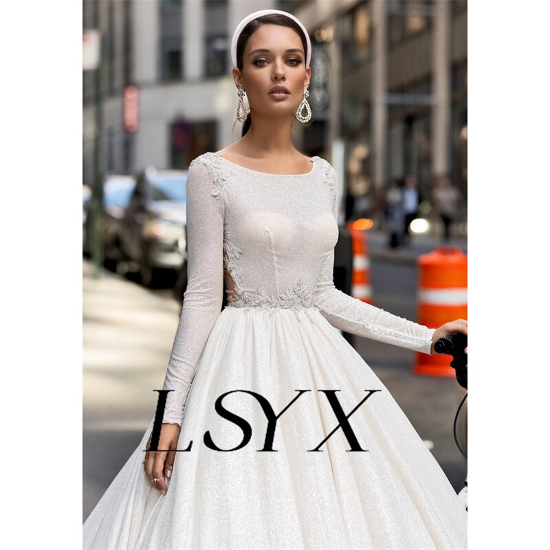 LSYX vestido de novia de princesa con cuello redondo, manga larga, apliques brillantes, botón de ilusión, lazo trasero, línea A, tren de corte, vestido de novia