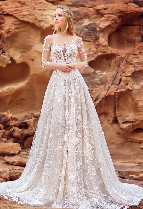 2024 klasyczna suknia ślubna w kształcie linii koronkowa aplikacja z długim rękawem bez pleców, Sweep Train suknie ślubne na plażę Boho Vestido szata de mariée