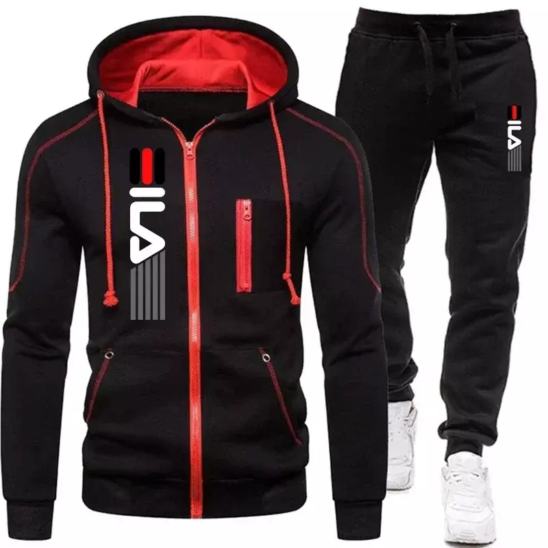Men's zip-up jacket and hooded pants, sports jogging, outdoor fitness, spring and winter fashion, two-piece set