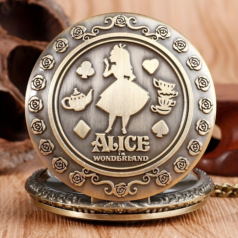 Retro Alice In Wonderland Thema Patroon Brons Quartz Horloges Gift Klok Voor Mannen Mannelijke Kids Vintage Horloges