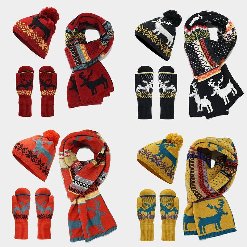 Winter Warm Christmas Hat Scarf Gloves Set Knitted Cold Protection Christmas Touch Screen Gloves Christmas Scarf Winter