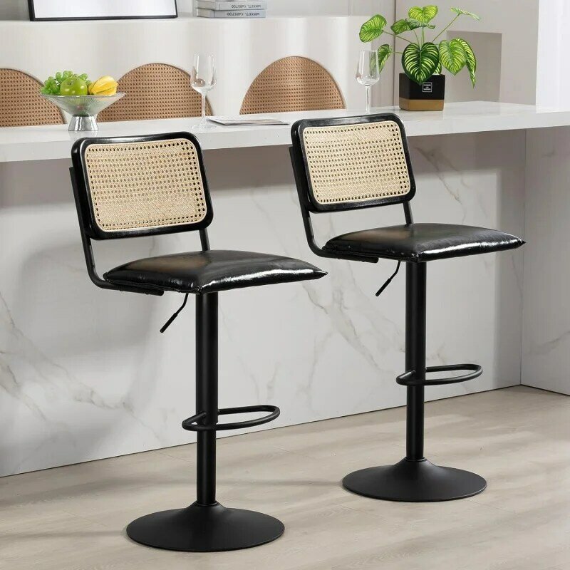 Finnhomy Modern Rattan Bar Stools Set of 2 - Natural Woven Design, Swivel Seat, Footrest, and Cane Backrest, Height Adjustable B