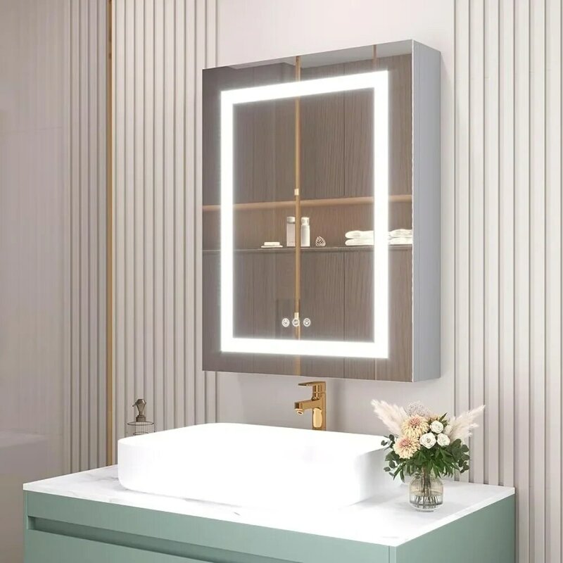ตู้ยาในห้องน้ำ20x26นิ้ว, ตู้กระจก LED พร้อมกระจกฝังในห้องน้ำพร้อมไฟ3สีสำหรับบ้าน