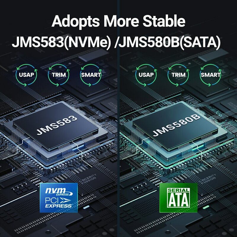 JEYI M.2 NVMe NGFF SSD 인클로저, 풀 알루미늄 USB 3.2 Gen 2 10Gbps PCIe 또는 SATA 6Gbps M-키 B-키 M.2 케이스 지지대 트림 UASP