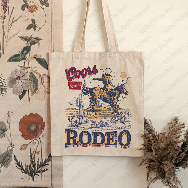 Coors Banquet Rodeo Beer Pattern Tote Bag Origin-Golden Canvas Shoulder Bag Western Style 90s Reusable Shopping Bags