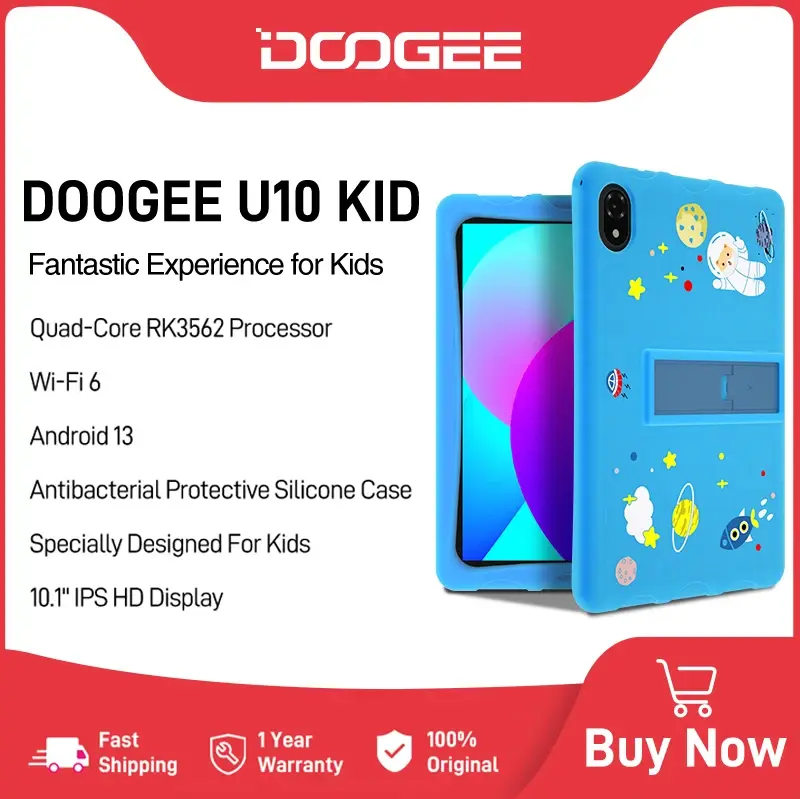 DOOGEE-U10 KID Tablet para Crianças, Android 13, WiFi6, TEST Certified, Silicone Case, Quad Core Apps, WiFi6, 10.1 ", Suporte