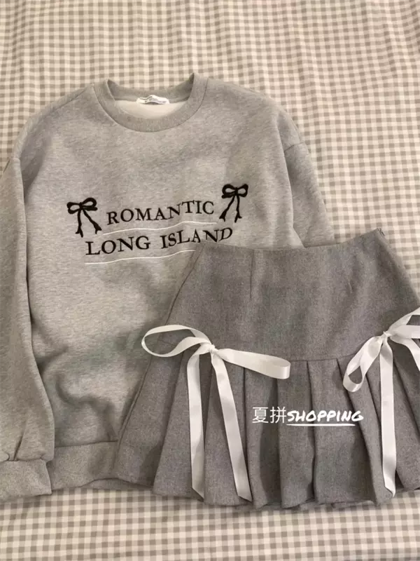 Suéter holgado de manga larga con letras bordadas para mujer, Falda plisada con lazo de cintura alta, informal, sensación de chica coreana, 2 piezas