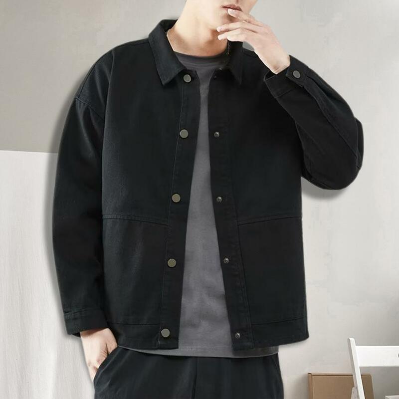 Stylish Men Jacket Wear-resistant Solid Color Korean Style Relaxed Fit Buttons Outerwear  Jacket Coat Windproof